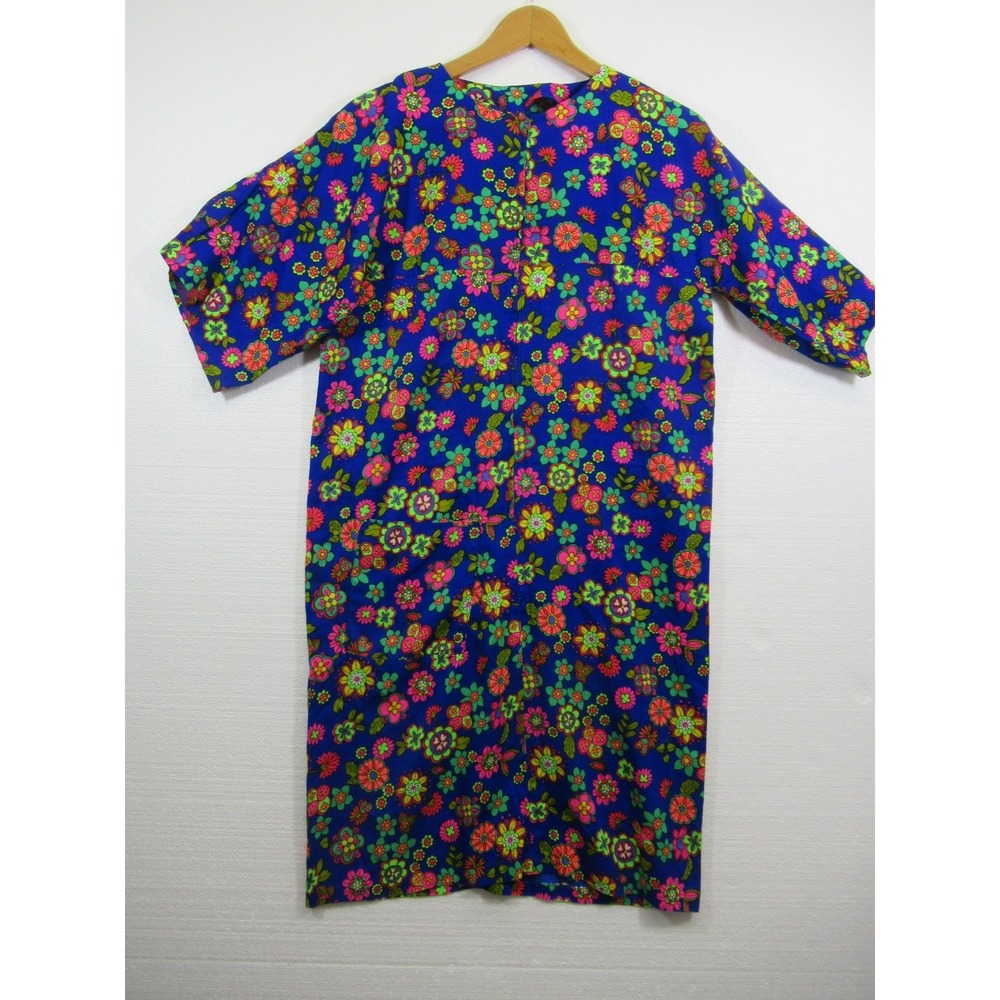 Vintage 60s Groovy Barkcloth Housedress Robe Women Neon Floral Handmade Pocket